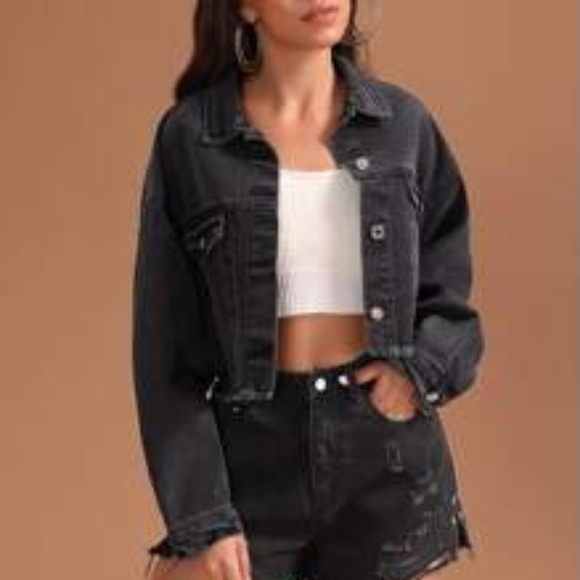 SHEIN Jackets & Blazers - 💕2 for $15💕  Solid Raw Hem Drop Shoulder Denim Jacket Black Crop Jean Jacket